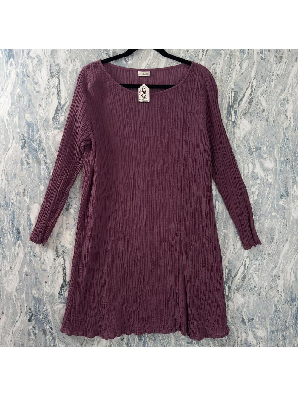 Boho Purple Crinkle Long Sleeve Midi Dress (M)
